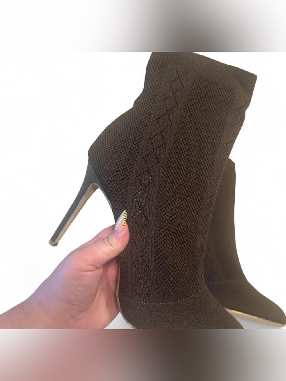 Women's Brown Knit Sock Ankle Boots - Stiletto Heel